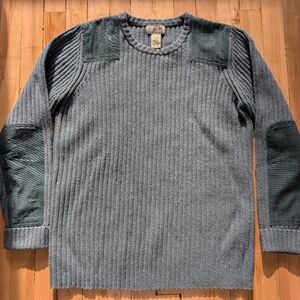 L.L. Bean Men's Commado Ribbed Teal Merin Wool Sweater with Elbow Patches